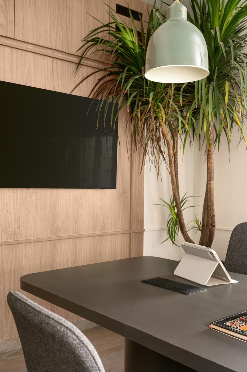 Meeting room with a wall-mounted screen on wood panelling, a green pendant lamp, a dracaena plant and a dark table