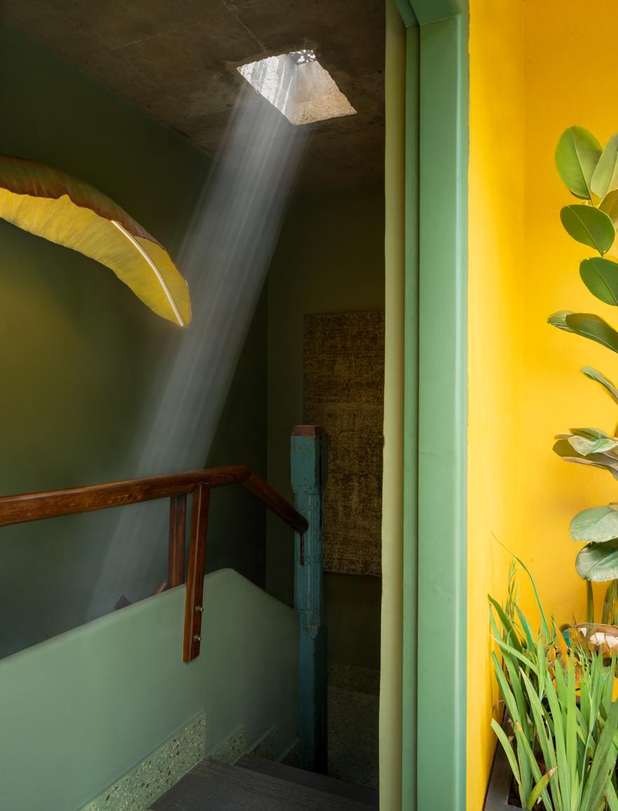 Staircase at Turmeric & Terra with a shaft of daylight from a ceiling opening falling across green walls, a timber handrail and a yellow wall